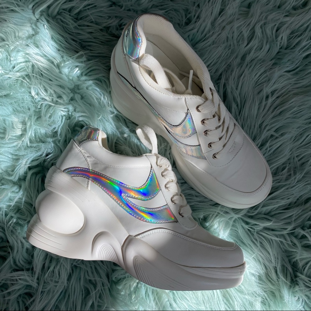 SODA SPICE GIRL WHITE HOLOGRAPHIC PLATFORM 90s WEDGE SNEAKERS